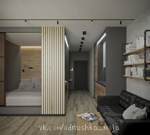 Интерьер квартиры - студии в стиле лофт для холостяка. 02