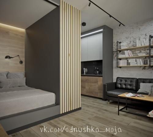 Интерьер квартиры - студии в стиле лофт для холостяка. 03