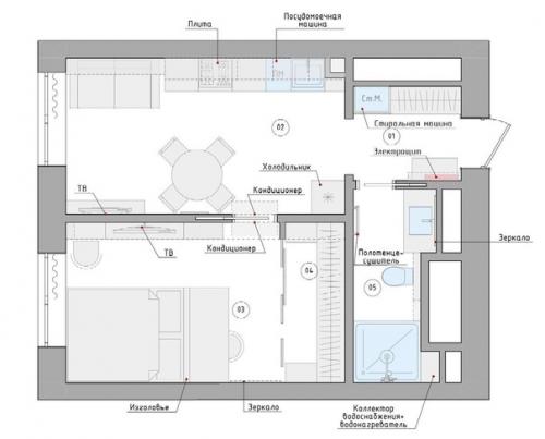 Современный минималистичный интерьер однокомнатной квартиры 35 кв. 09