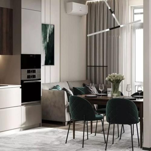 Лаконичное пространство кухни - гостиной с чистыми четкими линиями. 02