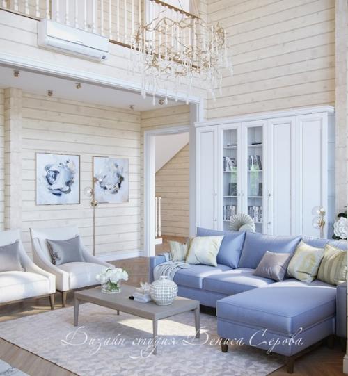 Интерьер кухни - гостиной в современном классическом стиле, на первом этаже загородного дома из клееного бруса. 06