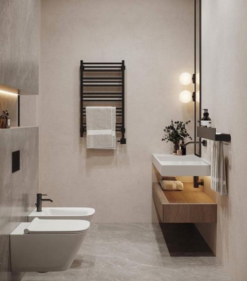 Интерьер ванной комнаты в современном стиле с преобладанием тёплых тонов. 02