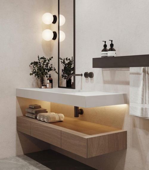 Интерьер ванной комнаты в современном стиле с преобладанием тёплых тонов. 01