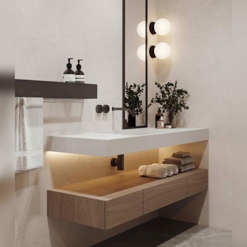 Интерьер ванной комнаты в современном стиле с преобладанием тёплых тонов. 04