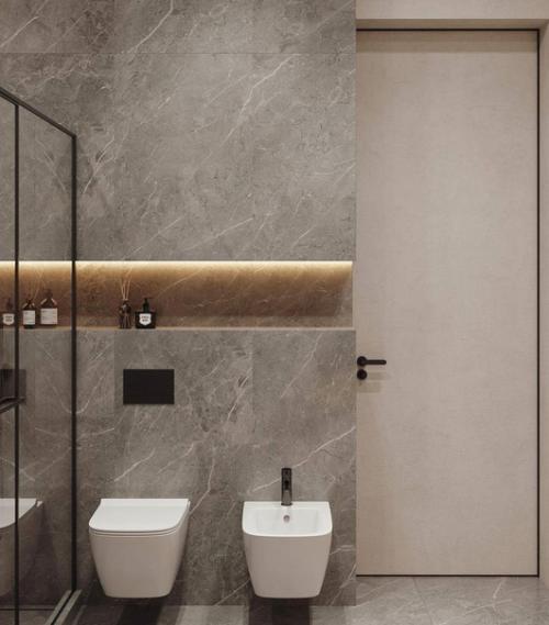 Интерьер ванной комнаты в современном стиле с преобладанием тёплых тонов. 03