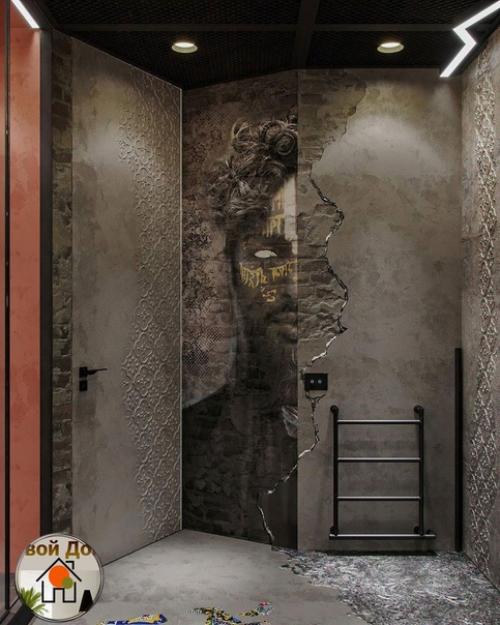 Брутальный интерьер ванной, сочетающий грубые фактуры металла и бетона с нотками изящности в виде орнаментов. 05