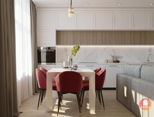 Красивый эклектичный интерьер кухни - гостиной. 01