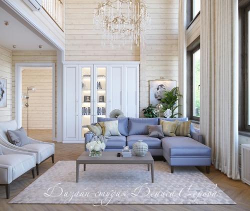 Интерьер кухни - гостиной в современном классическом стиле, на первом этаже загородного дома из клееного бруса. 05