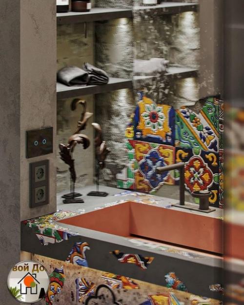 Брутальный интерьер ванной, сочетающий грубые фактуры металла и бетона с нотками изящности в виде орнаментов. 08