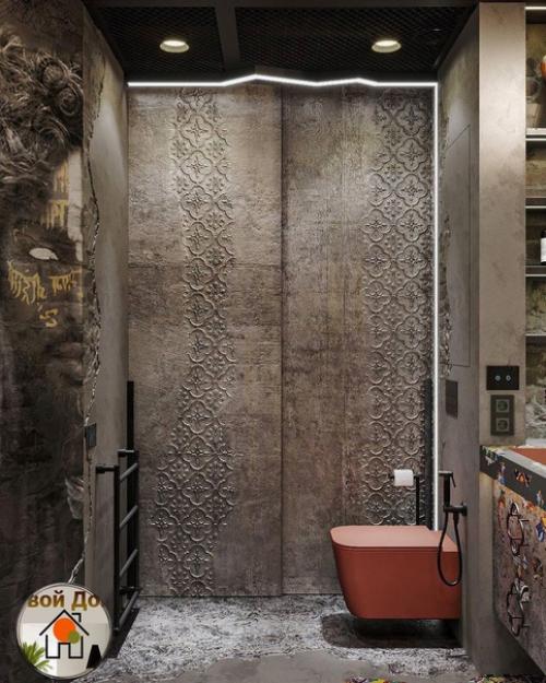 Брутальный интерьер ванной, сочетающий грубые фактуры металла и бетона с нотками изящности в виде орнаментов. 04