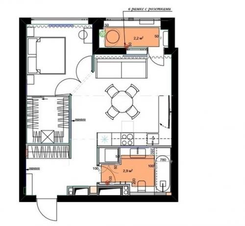 Французская будуарная планировка двухкомнатной квартиры (50 кв. 08