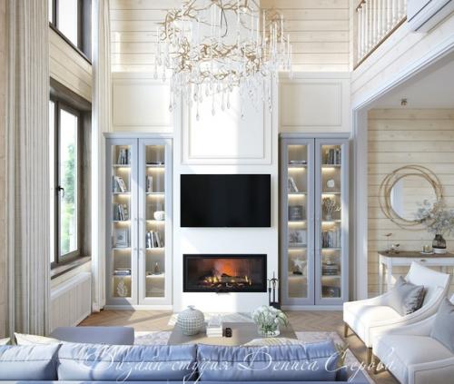 Интерьер кухни - гостиной в современном классическом стиле, на первом этаже загородного дома из клееного бруса. 04