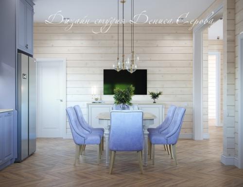 Интерьер кухни - гостиной в современном классическом стиле, на первом этаже загородного дома из клееного бруса. 02