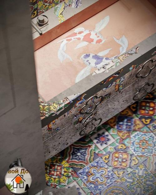 Брутальный интерьер ванной, сочетающий грубые фактуры металла и бетона с нотками изящности в виде орнаментов. 07