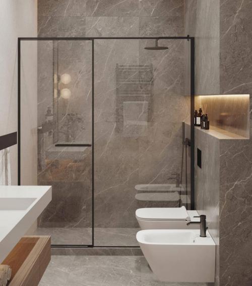 Интерьер ванной комнаты в современном стиле с преобладанием тёплых тонов. 05