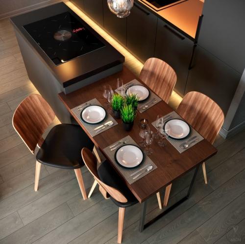 Современный интерьер кухни - гостиной с несколькими сценариями освещения. 02