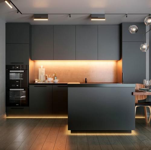 Современный интерьер кухни - гостиной с несколькими сценариями освещения. 01