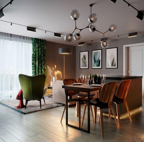 Современный интерьер кухни - гостиной с несколькими сценариями освещения. 03
