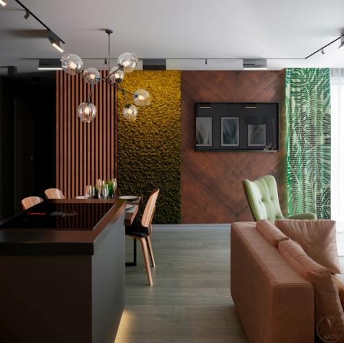 Современный интерьер кухни - гостиной с несколькими сценариями освещения. 04