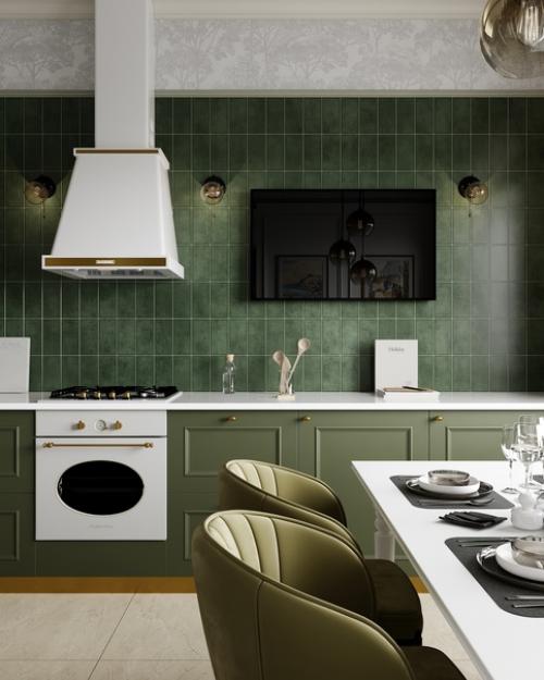 Красивая зелёная кухня для прекрасной ценительницы искусства Екатерины. 01